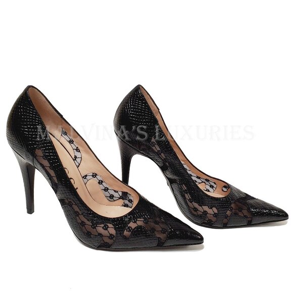 GUCCI SHOES BLACK PYTHON PRINT LEATHER w GG LOGO MESH PUMPS $940 - Picture 5 of 15